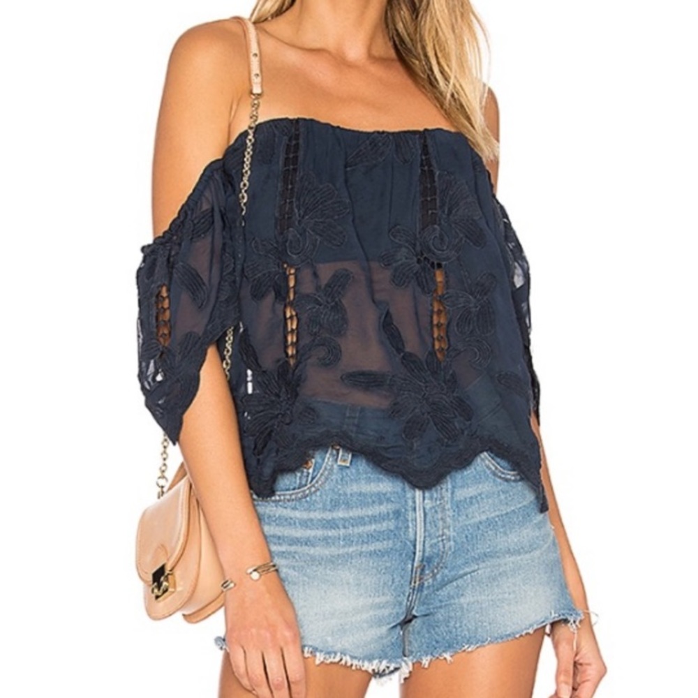 lovers + friends revolve blouse off shoulder top navy